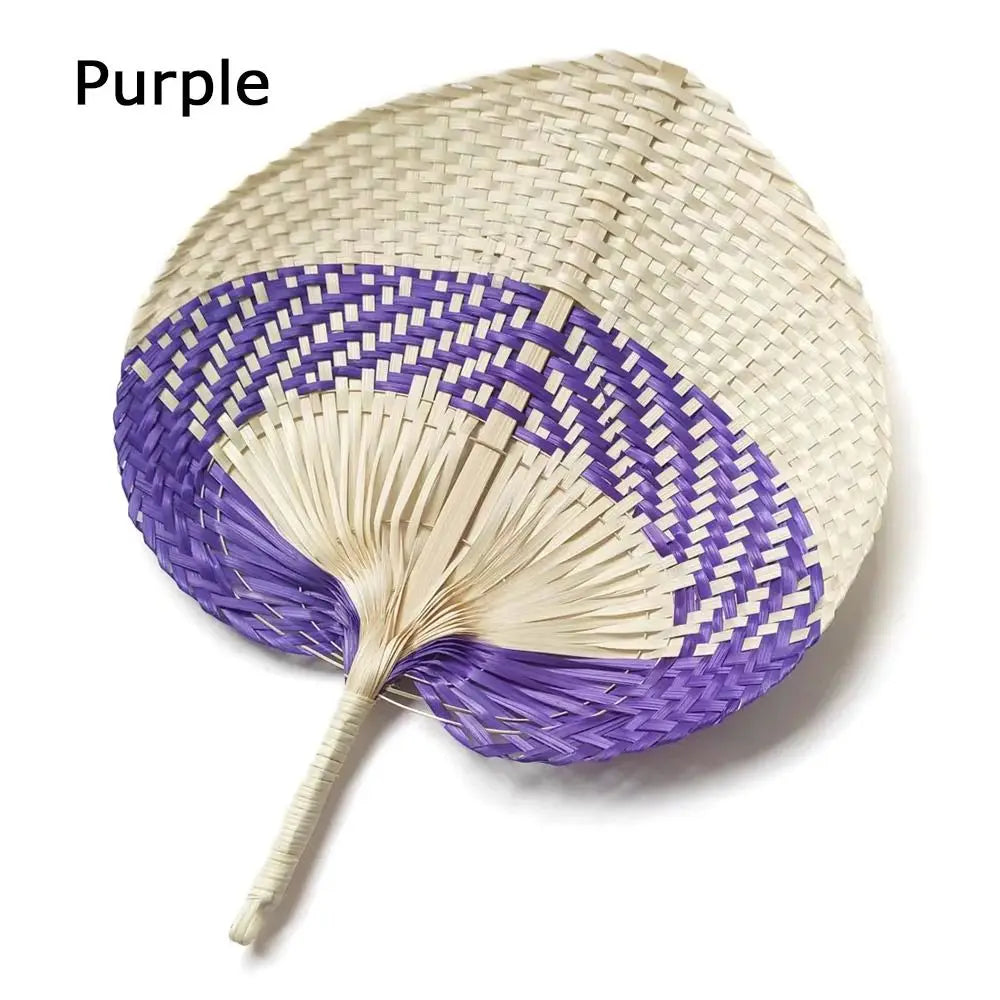 Purple peach-shaped bamboo woven hand fan with light beige accents