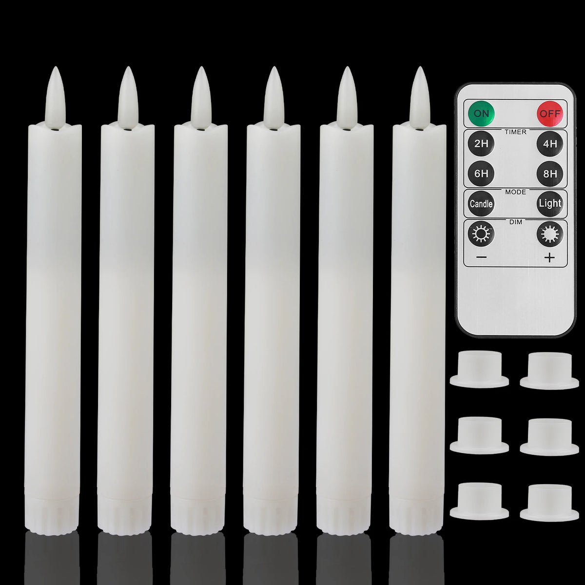 A set of white flameless LED taper candles and a remote control with timer functions.