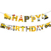 Yellow construction vehicle themed banner spelling out HAPPY BIRTHDAY