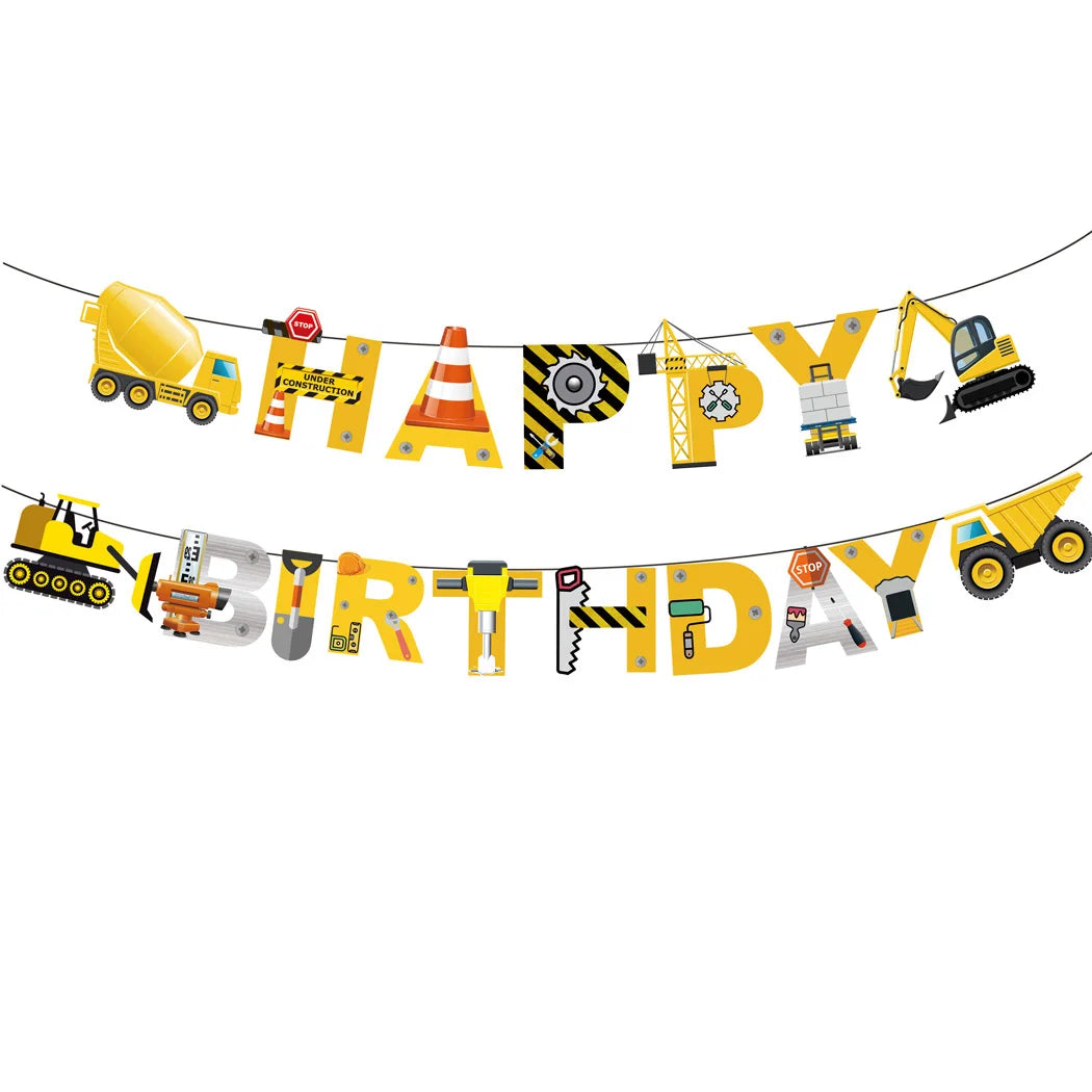 Yellow construction vehicle themed banner spelling out HAPPY BIRTHDAY