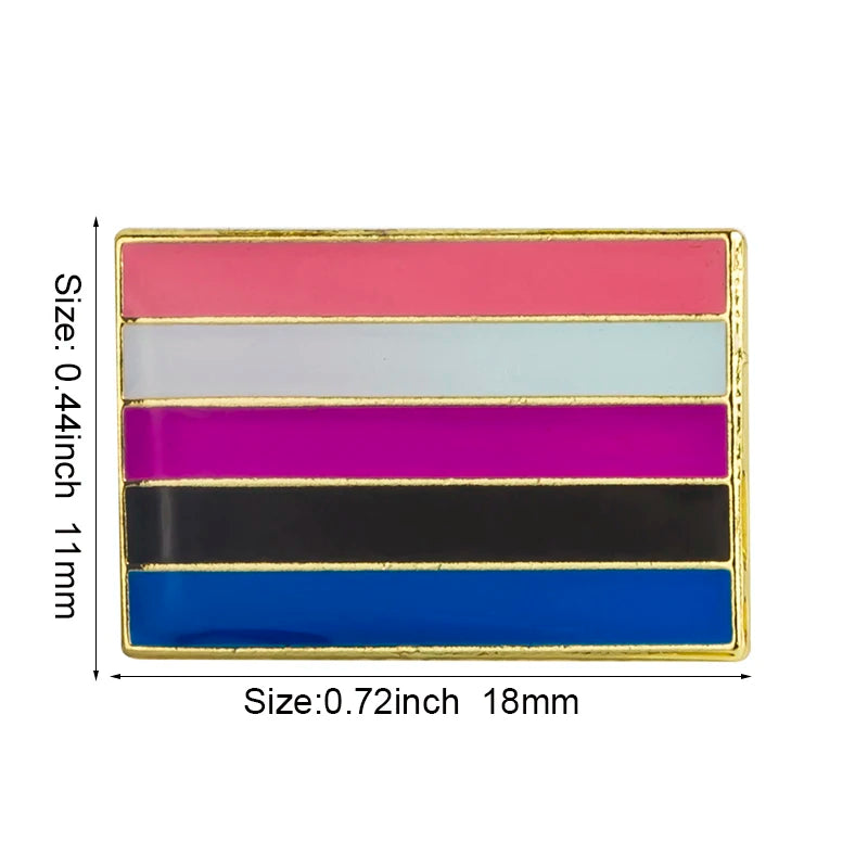 A rectangular lapel pin featuring five horizontal stripes of pink, white, purple, black, and blue.