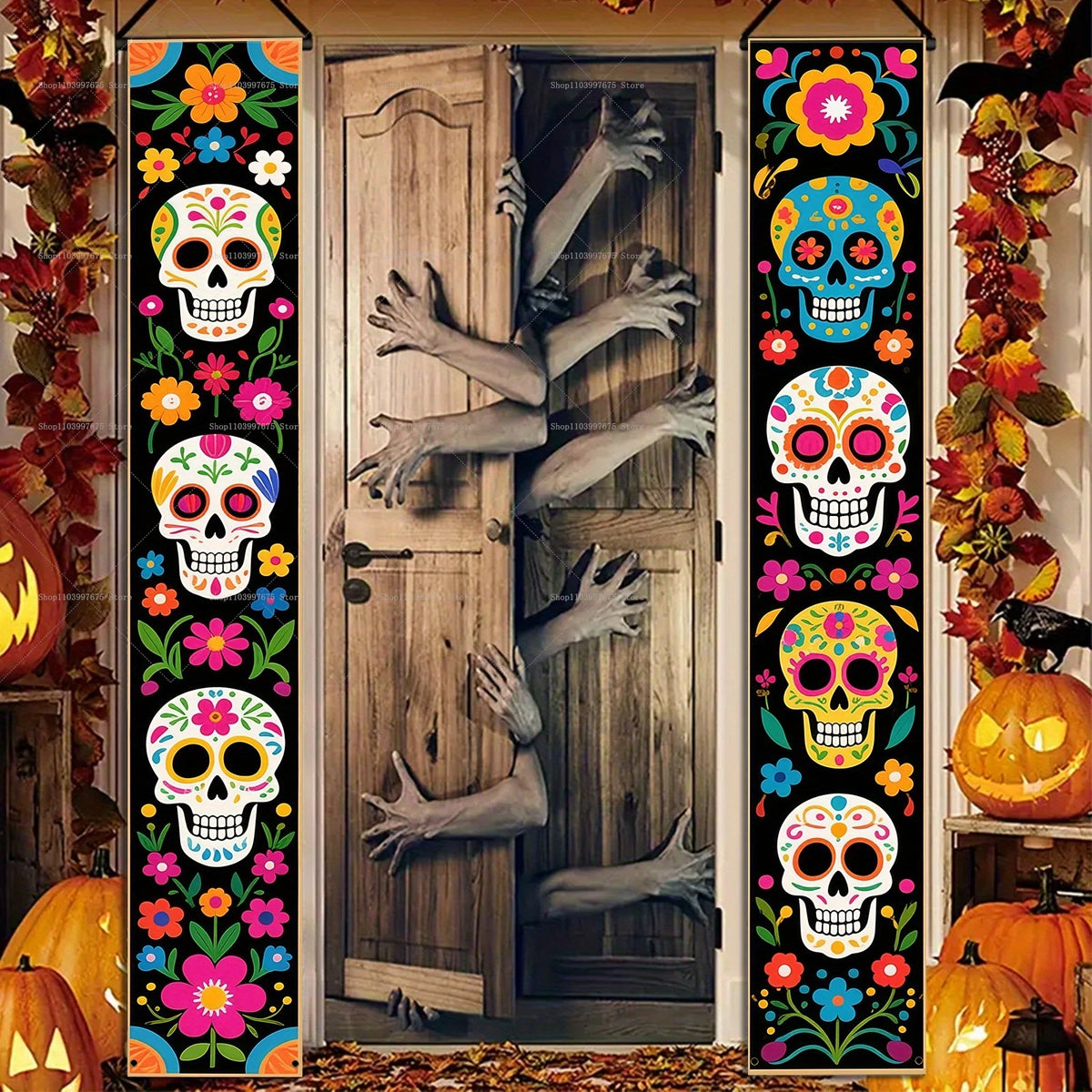 A vertical banner set featuring colorful Day of the Dead skulls and floral designs for porch decoration.