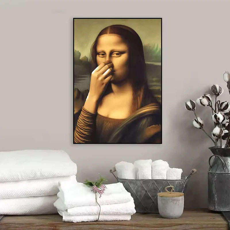 A framed painting of a woman touching her face, used as bathroom wall art print.
