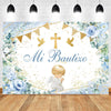 A white floral and gold banner backdrop for a baptism or communion celebration featuring delicate blue roses and greenery.
