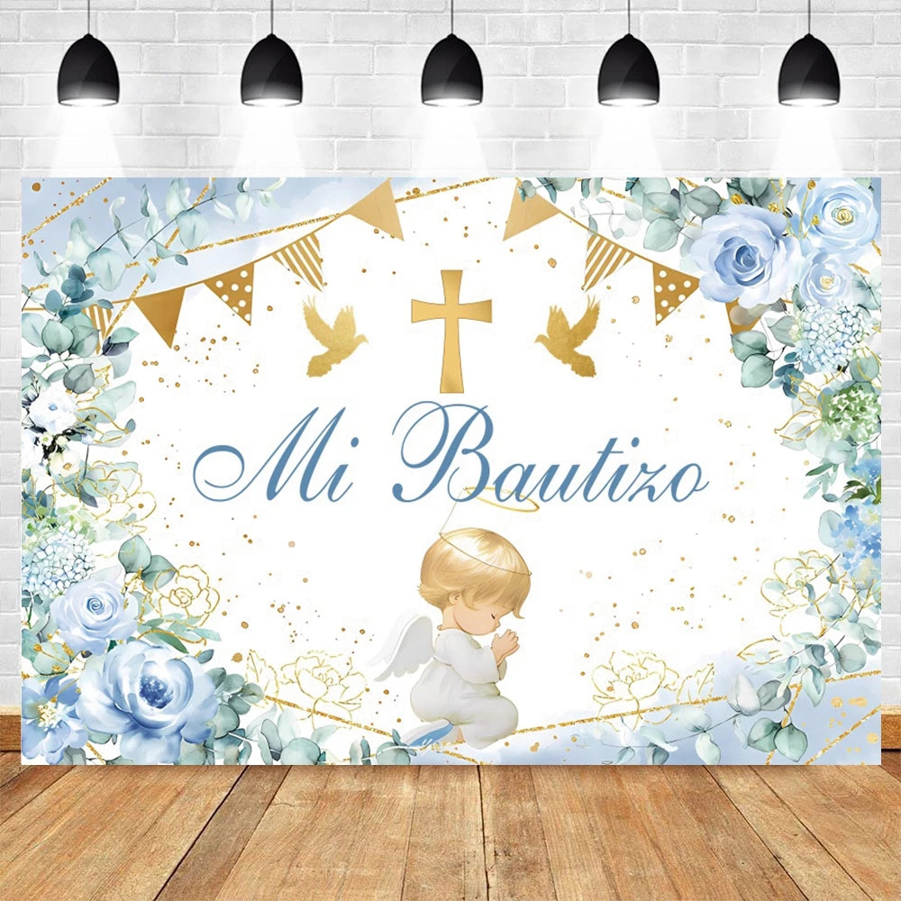A white floral and gold banner backdrop for a baptism or communion celebration featuring delicate blue roses and greenery.