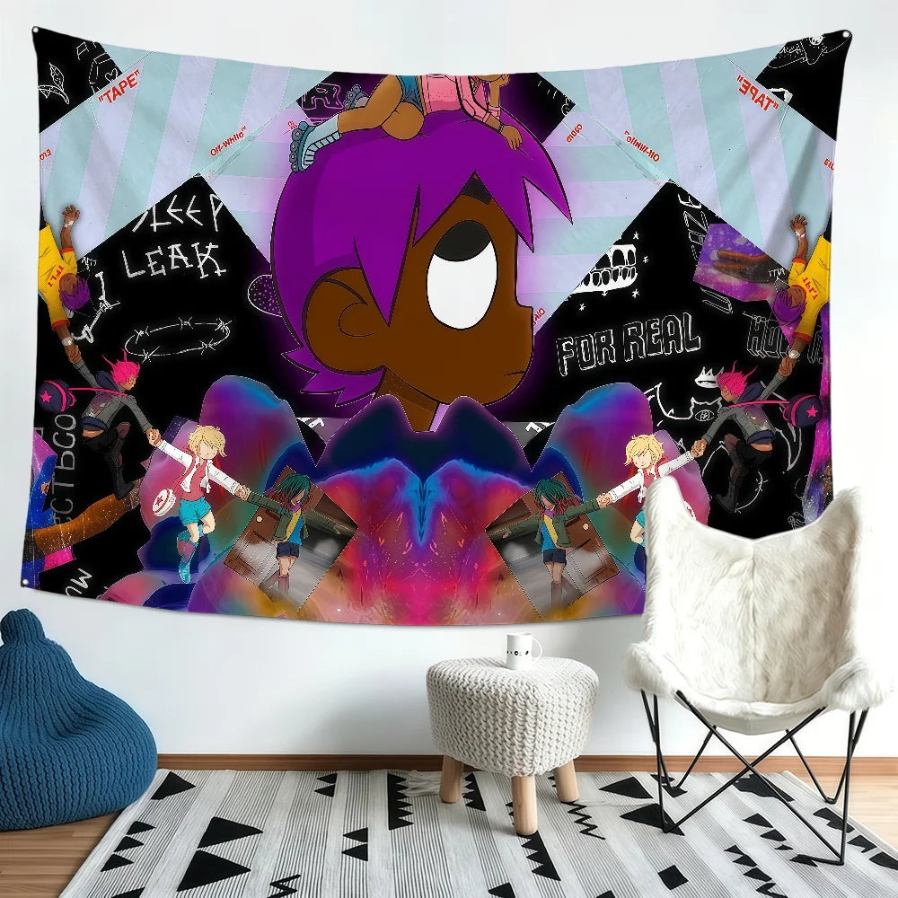 A decorative banner featuring a purple-haired character against a dark background with pink and purple accents.