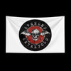 A black and red graphic featuring a skull with bat wings surrounded by the text AVENGED SEVENTFOLD on a white fabric banner.