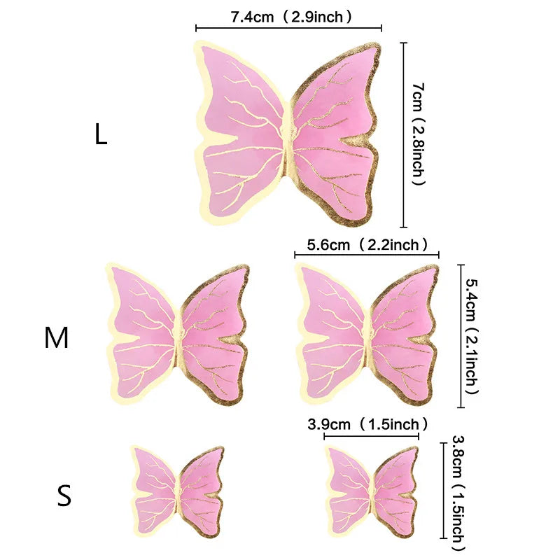Three butterfly cake toppers in pink and gold, labeled L, M, and S sizes.