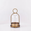 Antique brass metal candle holders with glass domes on a round base.