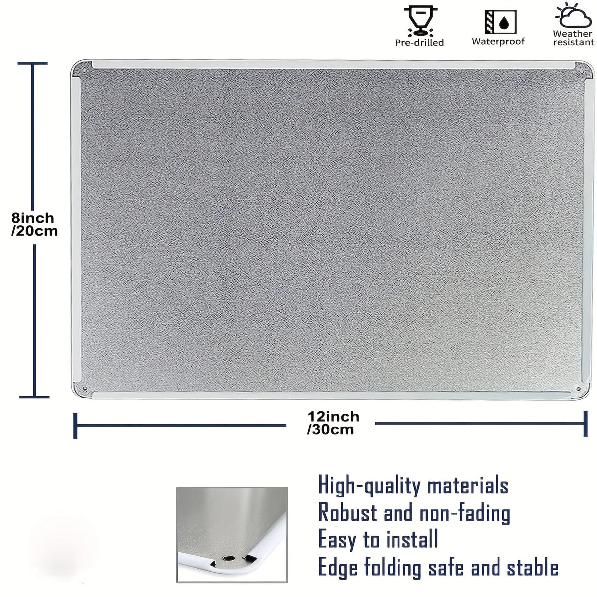 A rectangular metal tin sign with a textured gray surface, designed for pre-drilling and waterproof use.