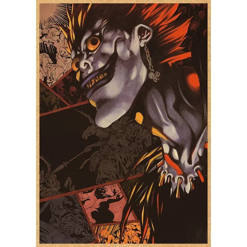 A vintage anime canvas wall art featuring a menacing, grinning character with spiky red hair and glowing eyes against a dark 