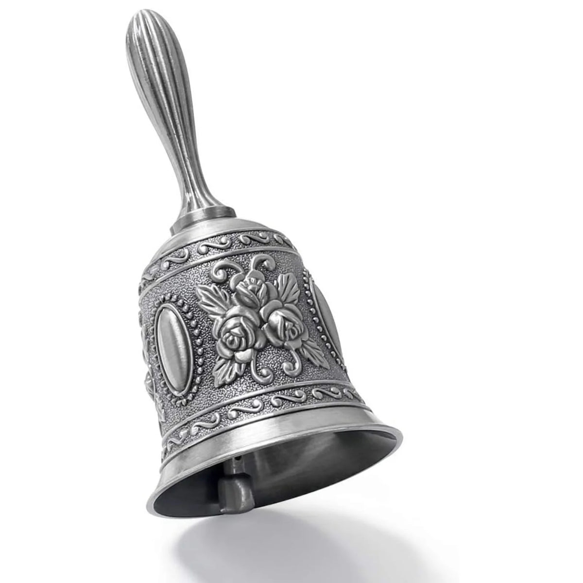 Ornate brass hand call bell with a silver-toned finish and a decorative fluted handle.