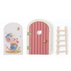 A miniature wooden fairy elf door decoration with a heart cutout and tooth box details.