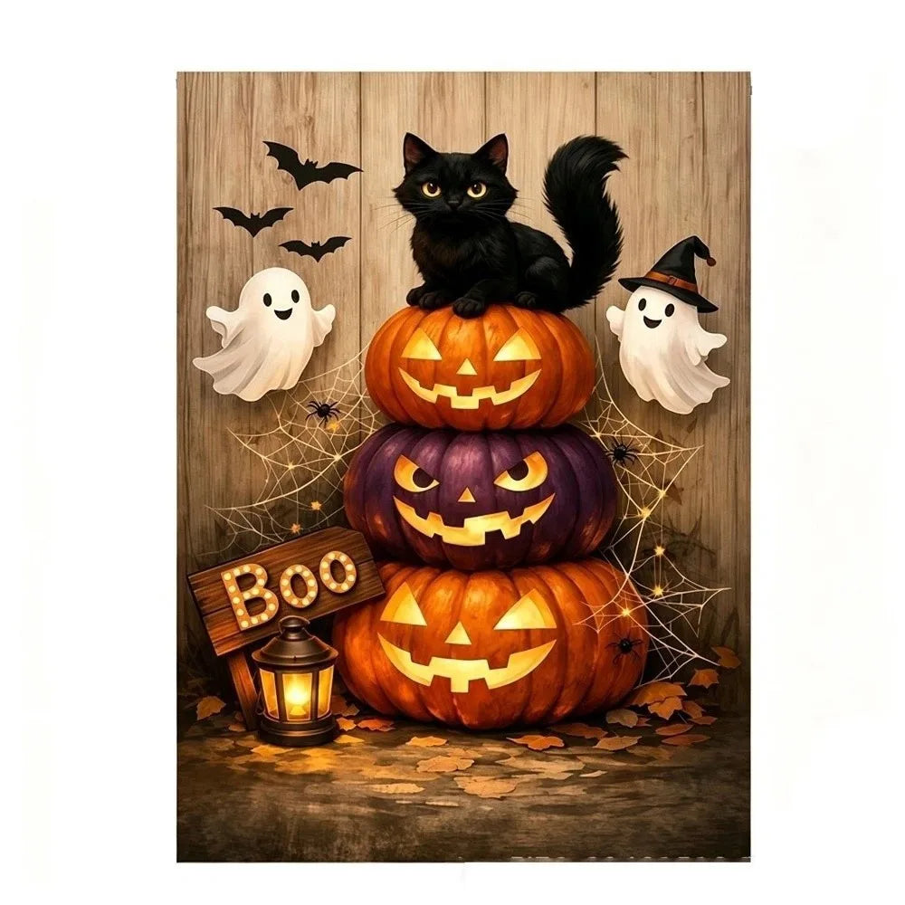 A black cat sits atop a stack of carved pumpkins surrounded by bats and ghostly figures on a wooden background.
