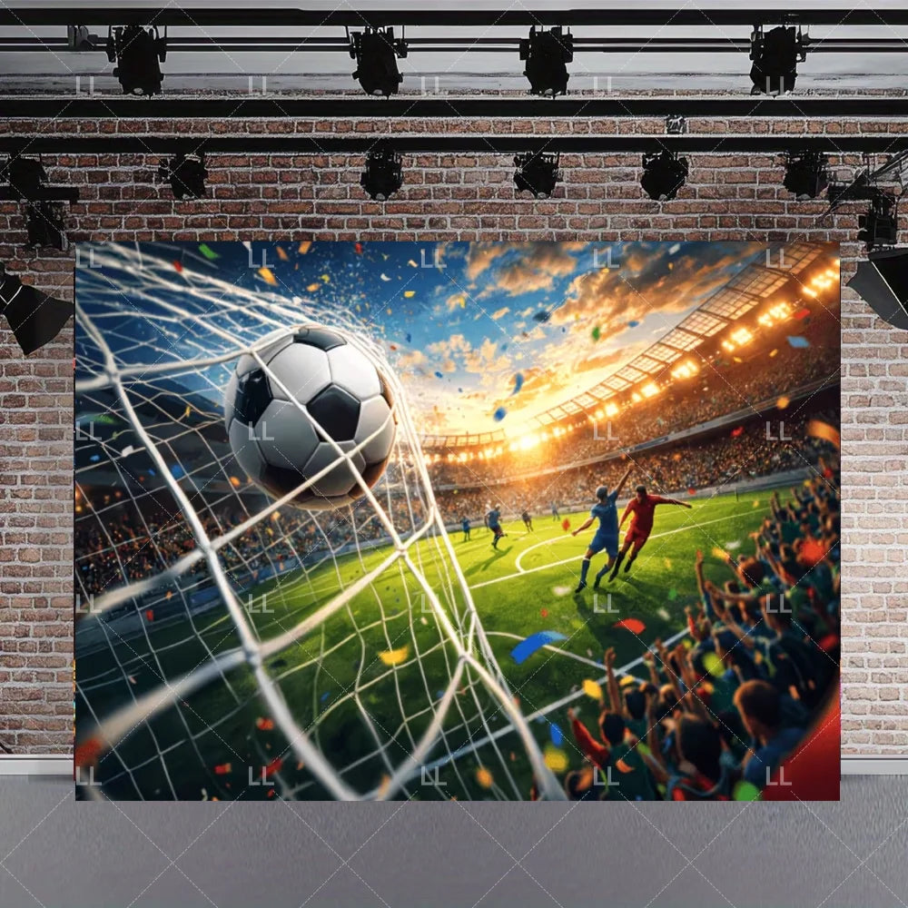 A vibrant soccer match scene with a ball, players, and a crowd set against a stadium backdrop.