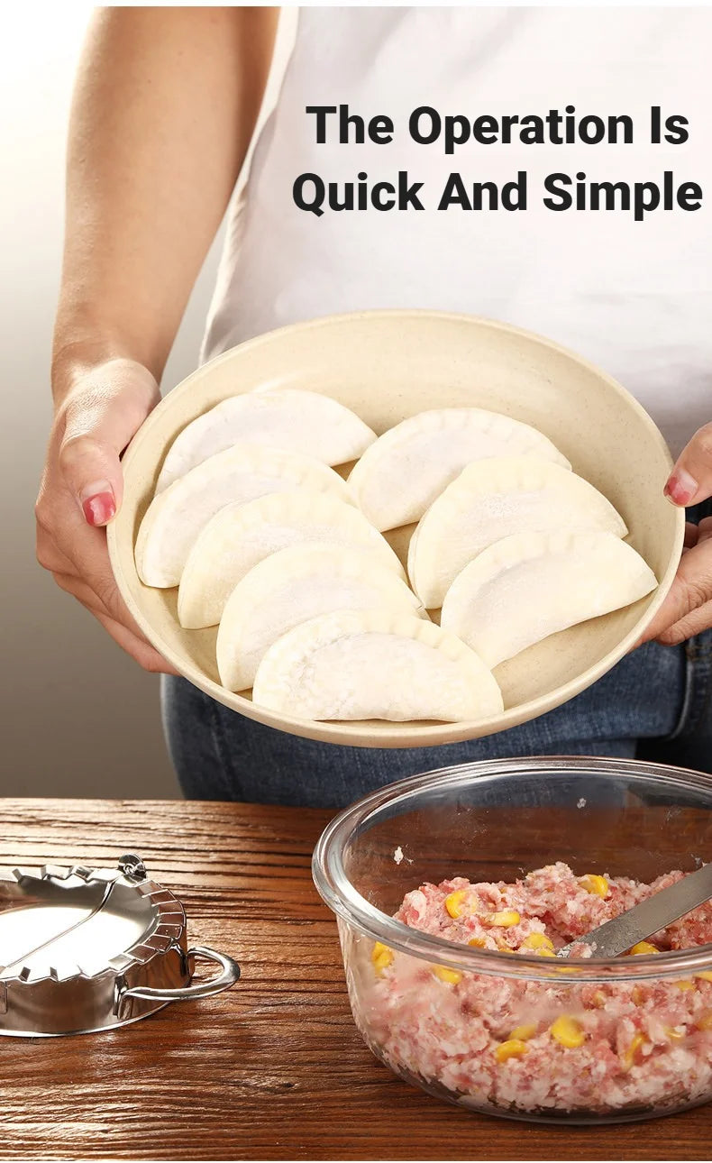 A hand holds a light-colored dumpling maker filled with white dumplings, next to a glass bowl of ground meat.