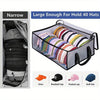 A black foldable hat storage box with a clear viewing window showing various hats like visors and baseball caps.