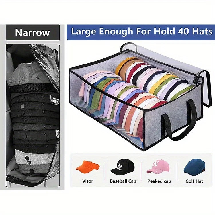 A black foldable hat storage box with a clear viewing window showing various hats like visors and baseball caps.
