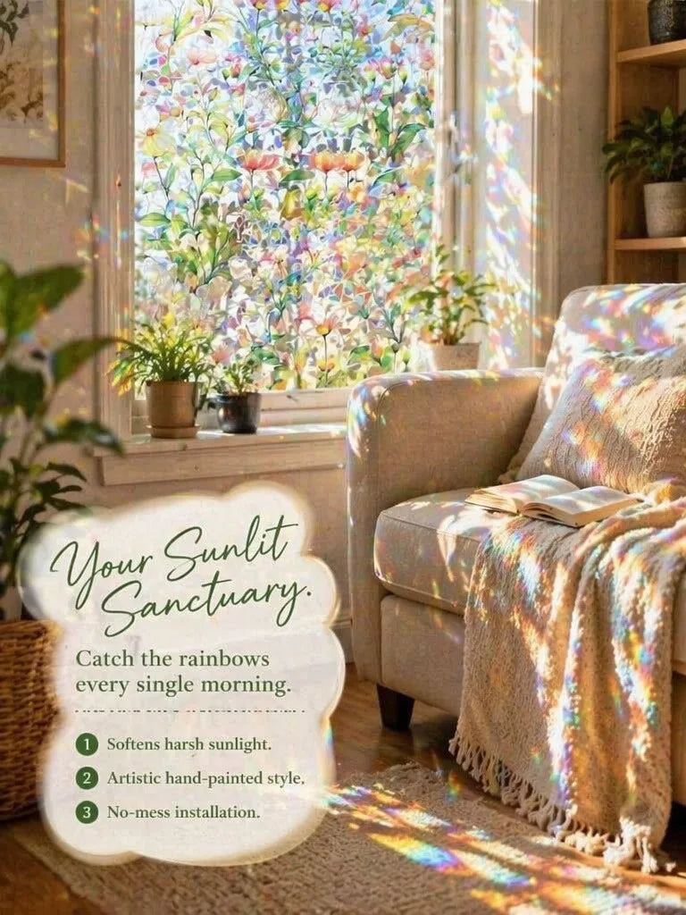 A bright window view with floral mosaic film diffusing sunlight onto a cozy interior setting.