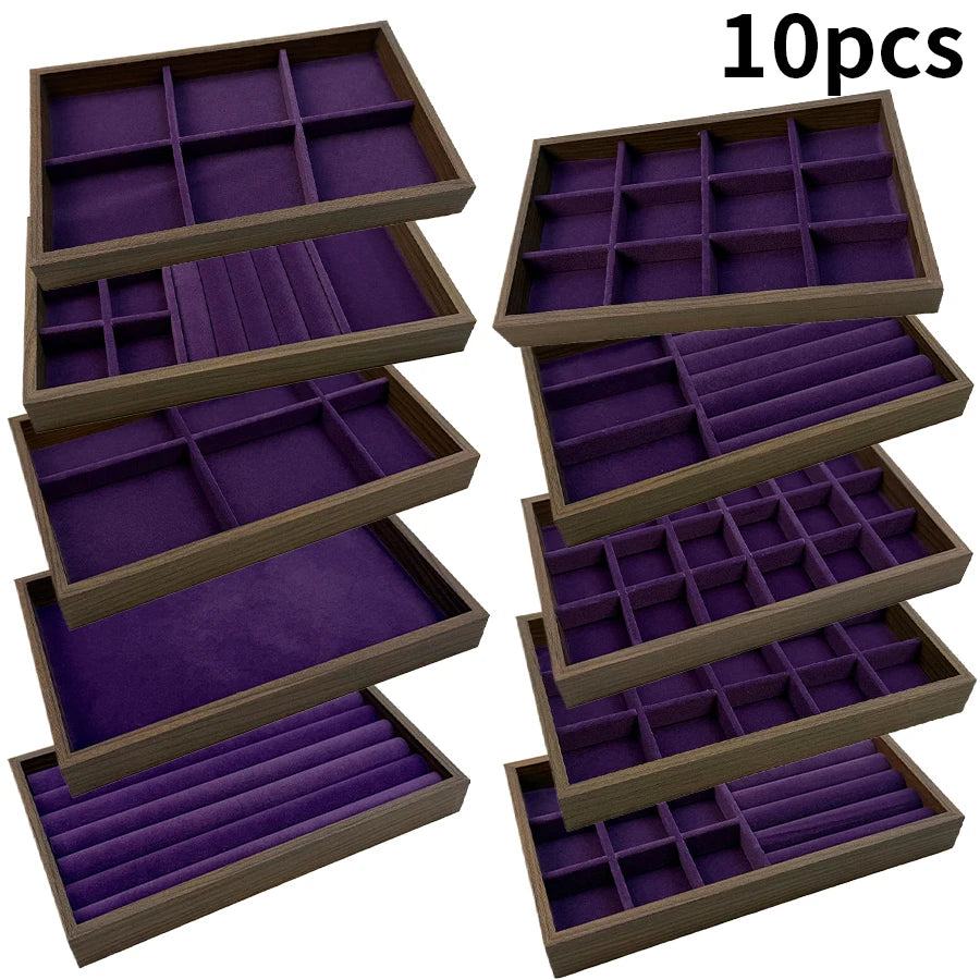 Dix boîtes de rangement pour bijoux à motif bois de noyer avec doublure de velours violet