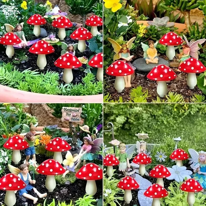 A set of six red mushroom-shaped solar garden lights with various lighting modes planted in a green garden bed.