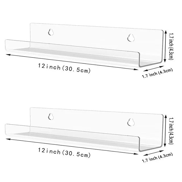 A clear acrylic vinyl record display shelf with a 12-inch length and 1.7-inch depth.