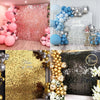 A collage of glitter party backdrops featuring pink, blue, and gold sequins for events.