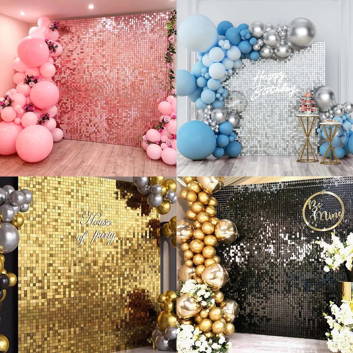 A collage of glitter party backdrops featuring pink, blue, and gold sequins for events.
