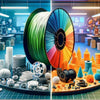 A large spool of multicolored wire or filament is displayed in the center of a desk setup surrounded by various 3D printed an