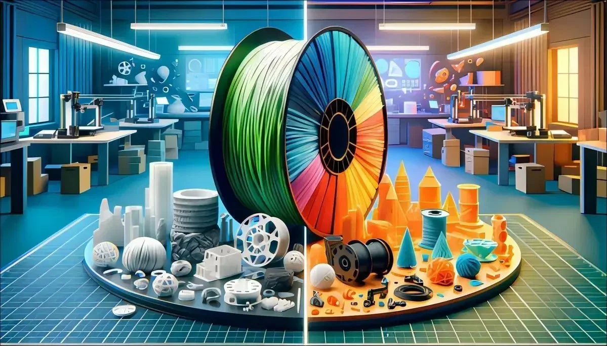 A large spool of multicolored wire or filament is displayed in the center of a desk setup surrounded by various 3D printed an