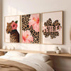 Pink leopard hibiscus canvas wall art featuring a tiger head and floral elements.