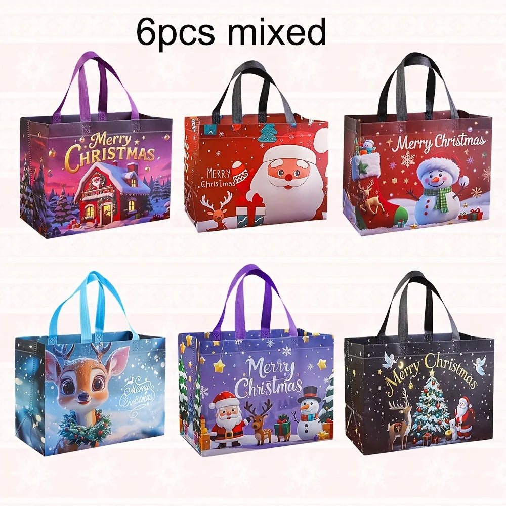 Six mixed reusable non-woven Christmas gift bags featuring festive holiday designs and seasonal themes.