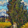 A vibrant oil painting featuring a dense green tree against a blue, cloudy sky and yellow fields.