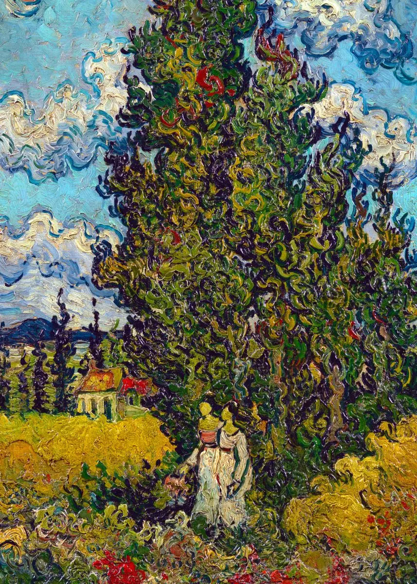 A vibrant oil painting featuring a dense green tree against a blue, cloudy sky and yellow fields.