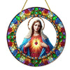 A translucent acrylic Mary suncatcher featuring a depiction of the Virgin Mary surrounded by colorful floral accents.