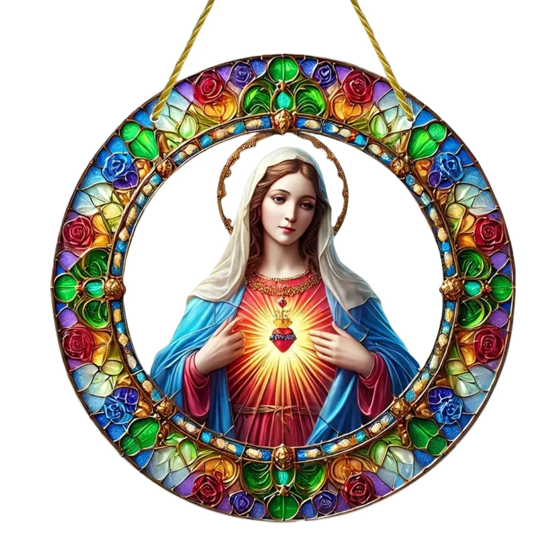 A translucent acrylic Mary suncatcher featuring a depiction of the Virgin Mary surrounded by colorful floral accents.