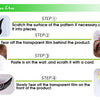 Instructions for using a decorative kitchen wall sticker set, showing steps to cut, tear film, paste, and remove the product.