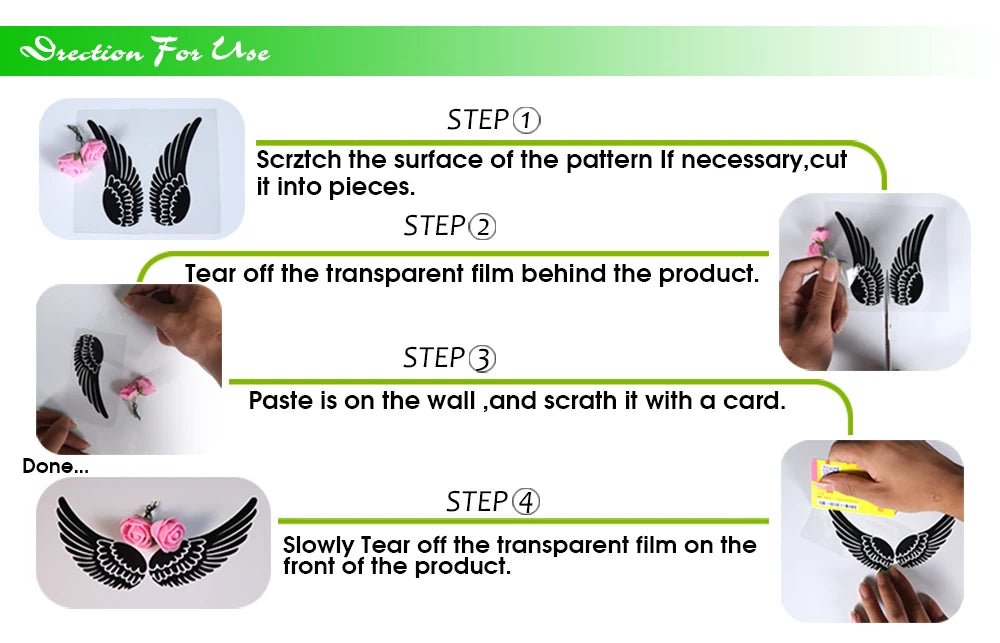 Instructions for using a decorative kitchen wall sticker set, showing steps to cut, tear film, paste, and remove the product.