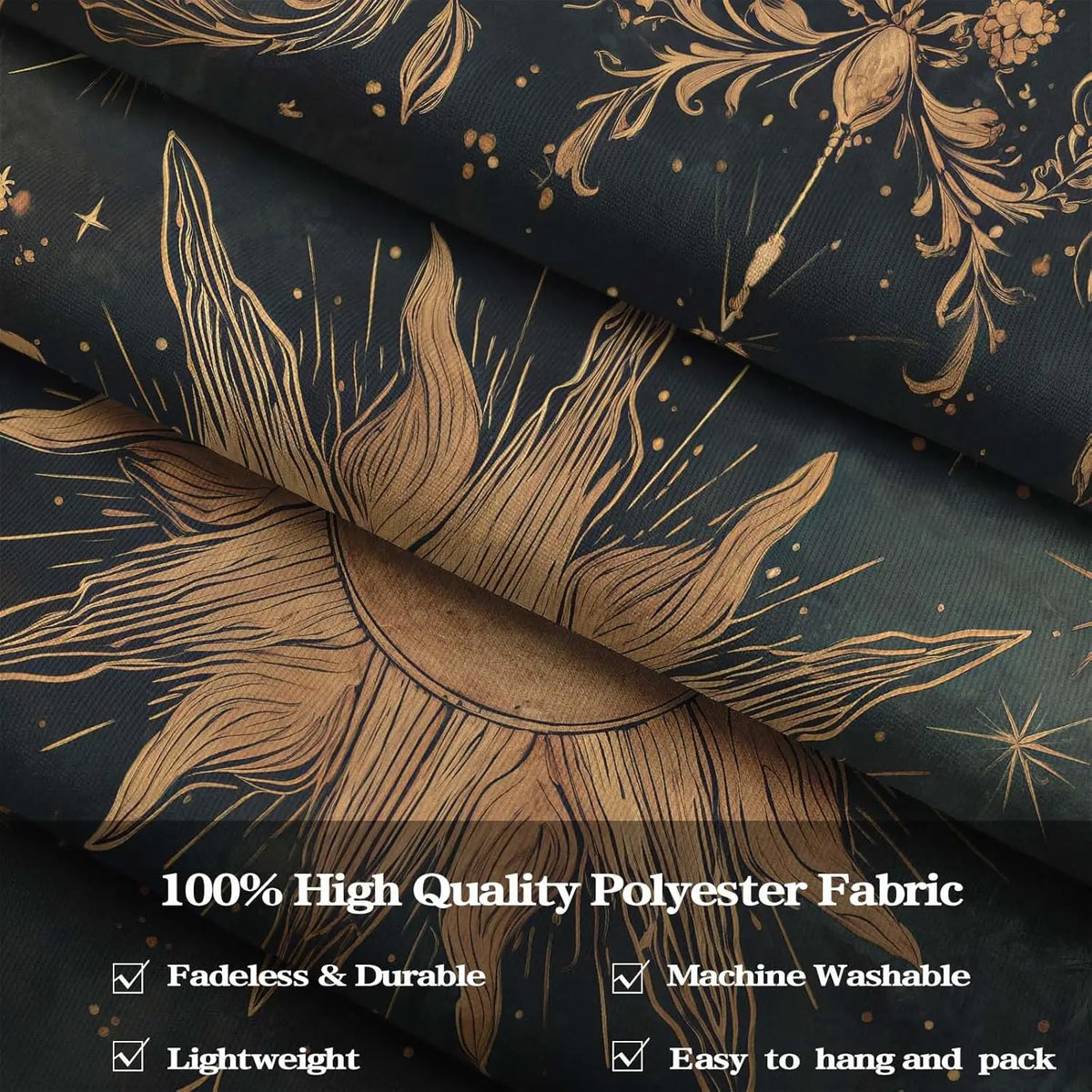 A close-up of a dark teal fabric featuring gold botanical and celestial designs, showing the texture and weave.
