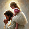 A painting depicting Jesus holding a young girl, rendered in soft light and warm tones.