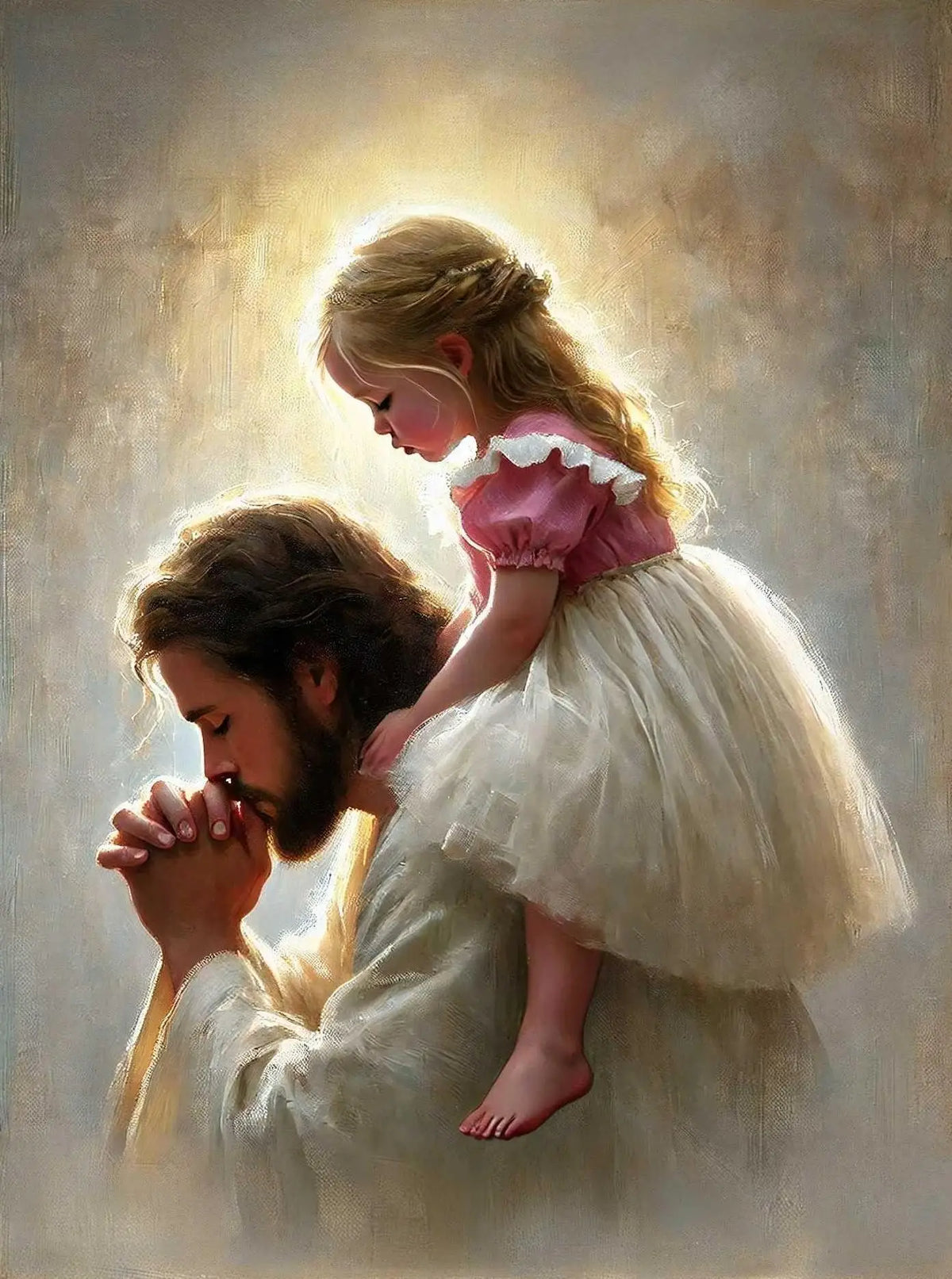A painting depicting Jesus holding a young girl, rendered in soft light and warm tones.