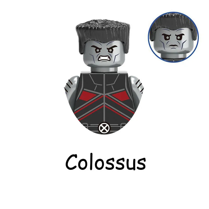 A building block set depicting the character Colossus from a horror movie, featuring a metallic gray figure and armor.