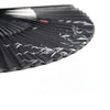 A close-up of a black vintage bamboo folding hand fan with delicate white patterns.