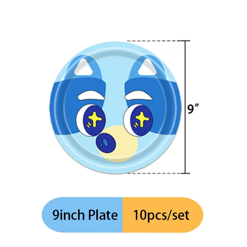 A 9 inch blue plate with a dog face design, shown next to the text indicating it is a 10 piece set.