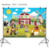 A colorful farm ranch birthday backdrop featuring animals, a barn, and a happy birthday message.