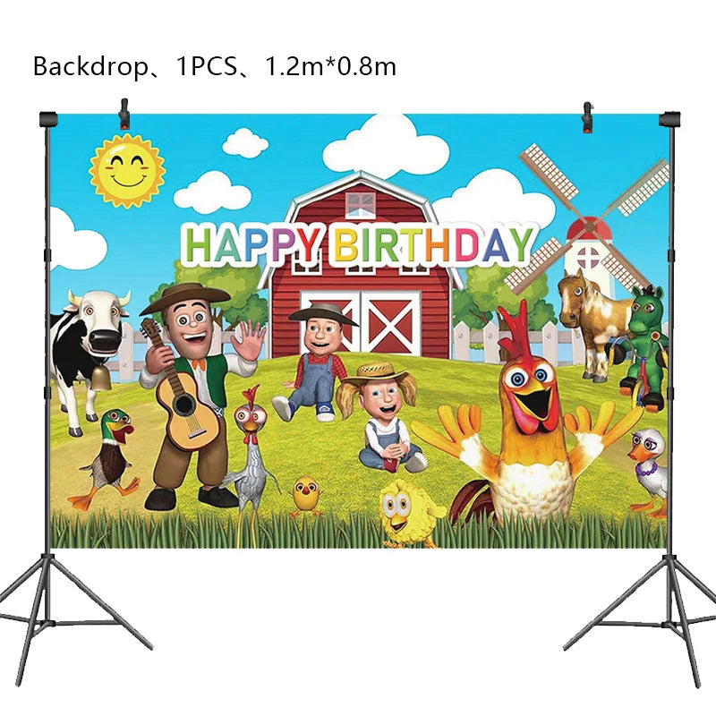 A colorful farm ranch birthday backdrop featuring animals, a barn, and a happy birthday message.