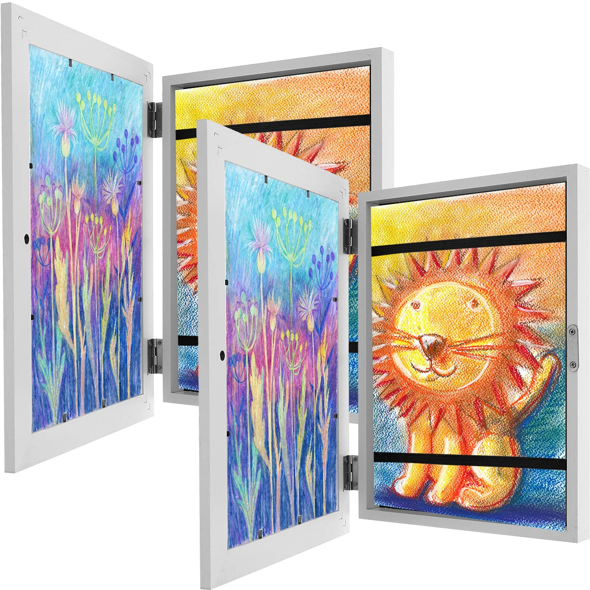 A set of three vertical wooden picture frames displaying colorful floral and animal artwork.