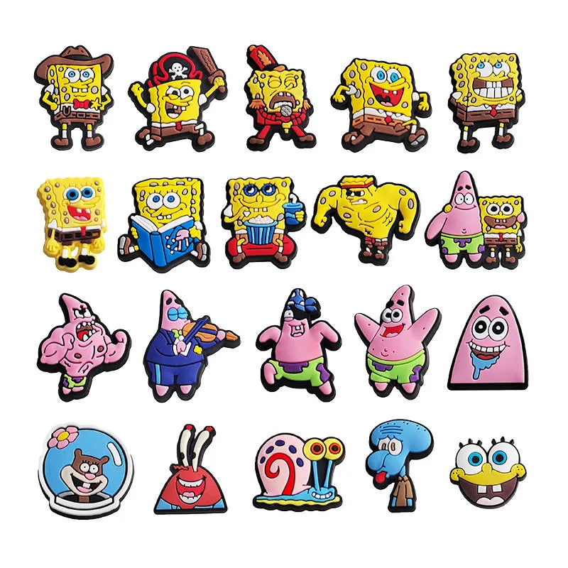 A collection of various SpongeBob SquarePants themed shoe charms and accessories.