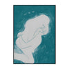 A painting depicting a silhouette of a person with their head bowed against a dark teal background.