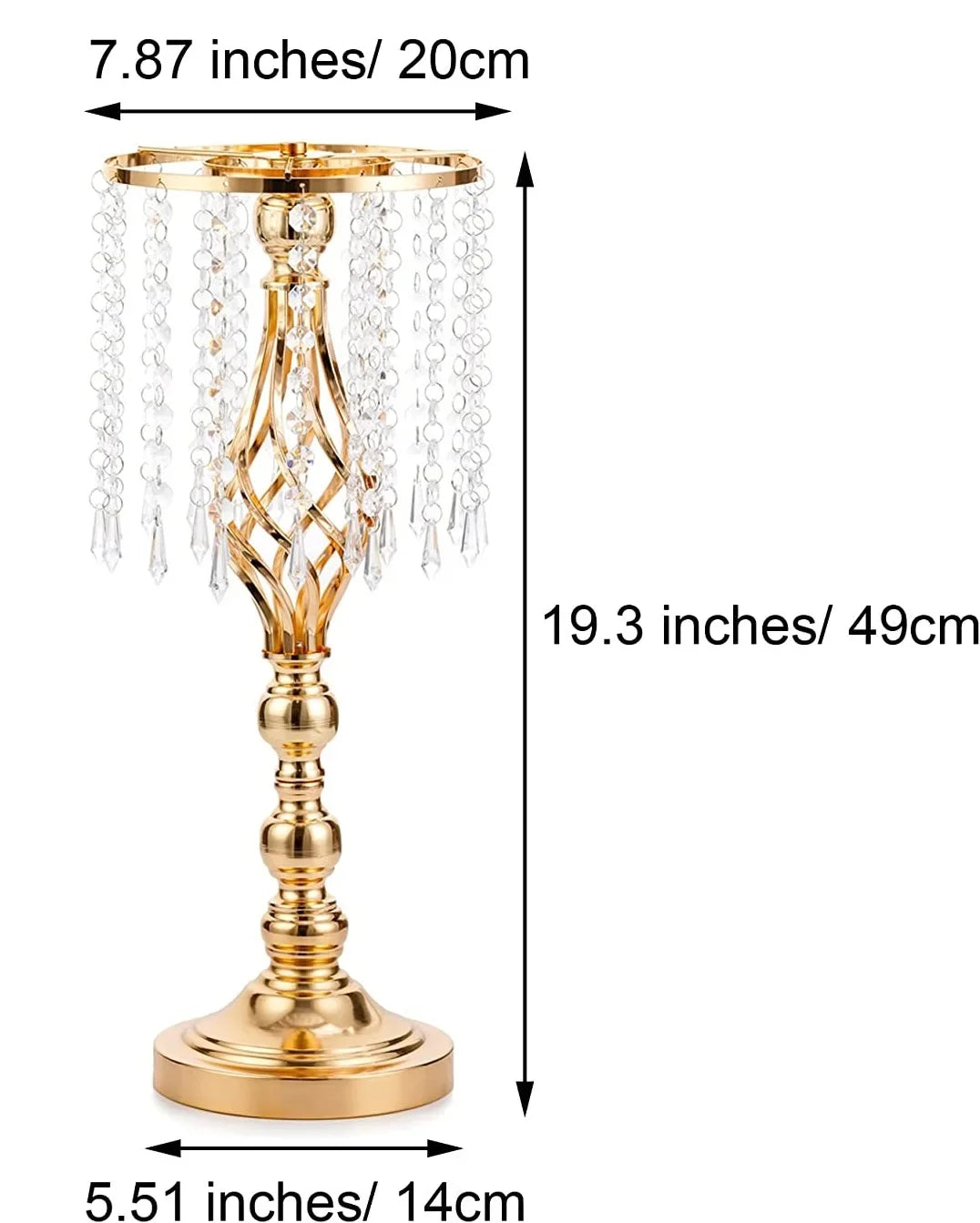 A tall gold crystal vase set featuring a tiered stand and dangling crystal strands.